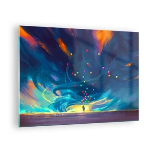 Schilderen op glas - Een persoon houdt kleurrijke ballonnen vast tegen een blauwe achtergrond. - 70x50cm - Naar de blauwe wind - Moderne wanddecoratie voor woonkamer en slaapkamer ARTTOR