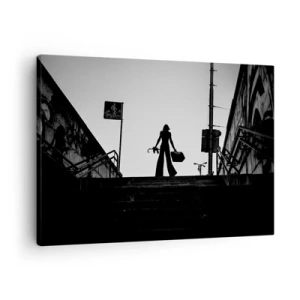 Schilderen op canvas - Een vrouwenfiguur op de trap in zwart-wit met een dynamische sfeer - 70x50cm - Stedelijk dwalen - Moderne wanddecoratie voor woonkamer en slaapkamer ARTTOR