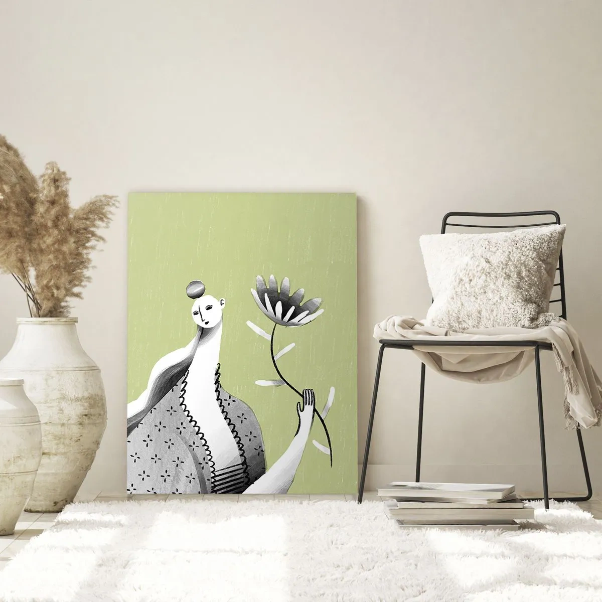 Schilderen op glas - Modernistisch portret – met een bloem in de hand - 80x120 cm