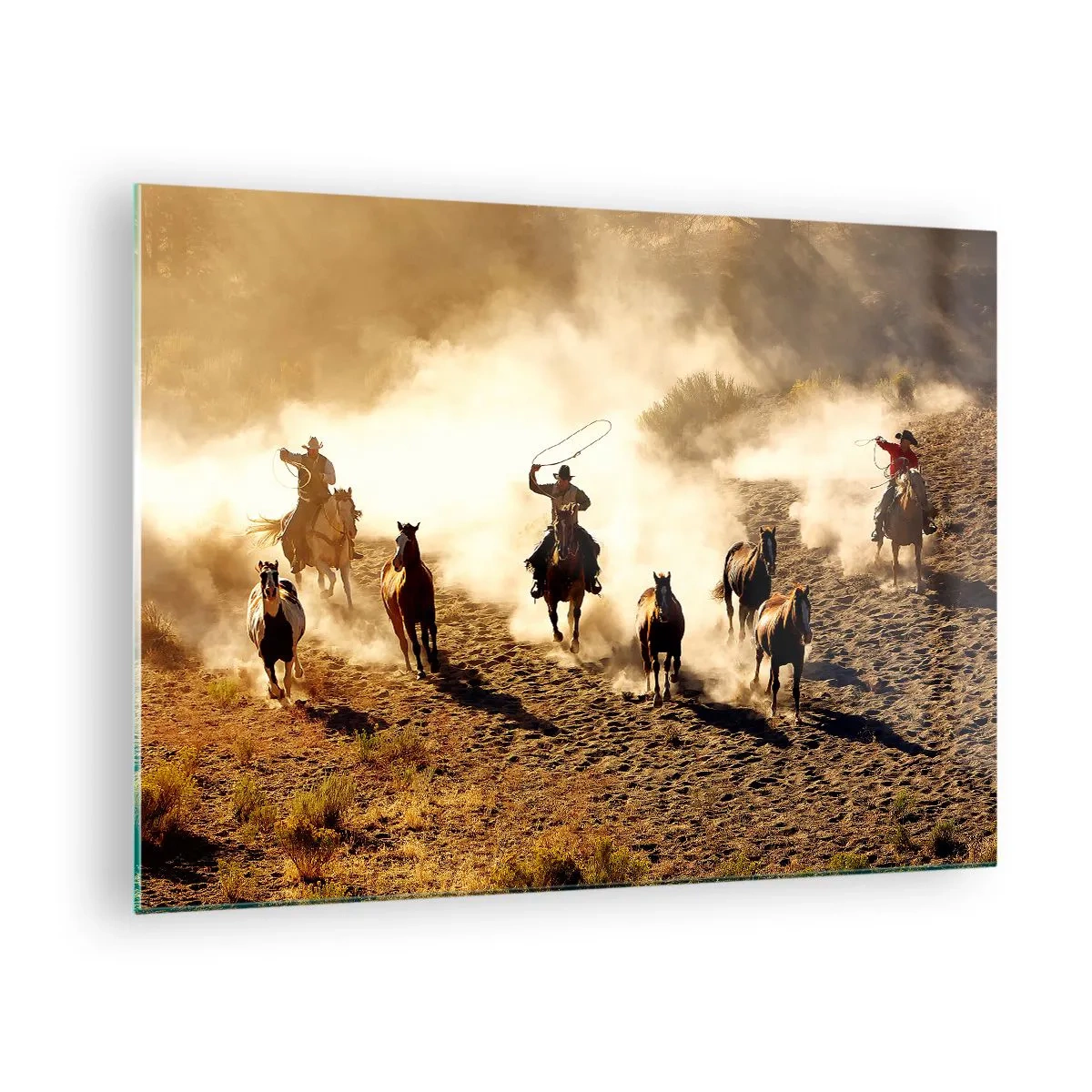 Schilderen op glas - Cowboys te paard in het stof bij een rodeo - 70x50cm - Echt wilde Westen - Moderne wanddecoratie voor woonkamer en slaapkamer ARTTOR