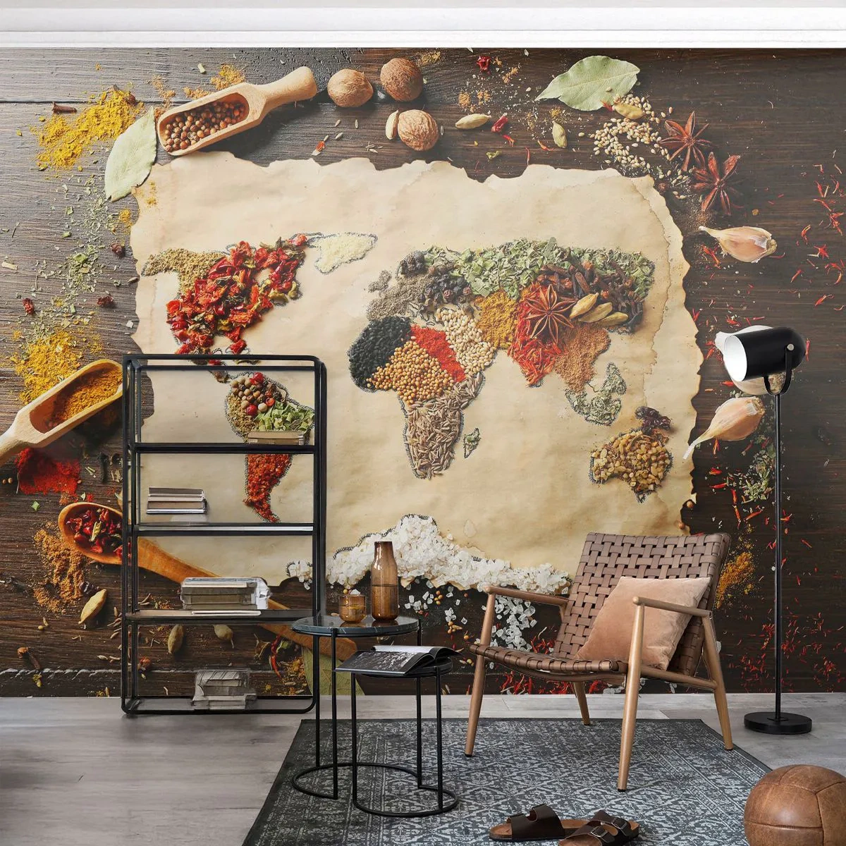 Fotobehang Premium Sand - Alle smaken van de wereld - Gastronomie, Wereldkaart, Gedroogde specerijen - 400x280 cm