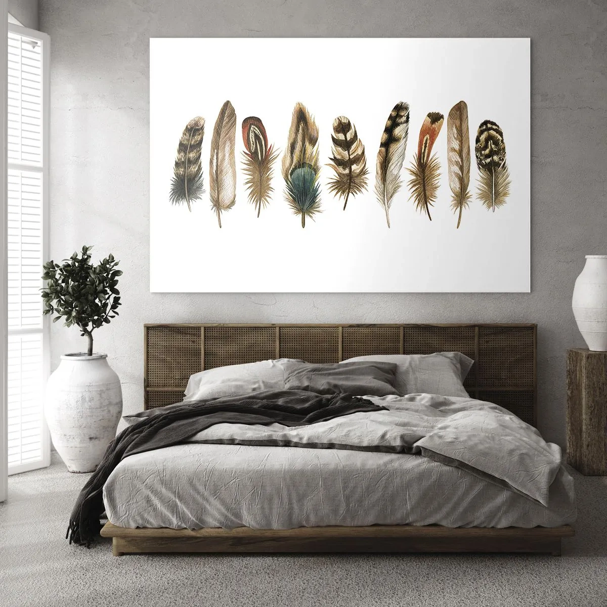 Schilderen op glas - Een compositie van kleurrijke veren op een witte achtergrond - 70x50cm - Een gevederde variatie - Moderne wanddecoratie voor woonkamer en slaapkamer ARTTOR