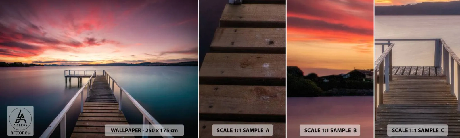 Fotobehang Staaltje Standard Eco - De zachte vlam van de avond - Landschap, Zonsondergang, Houten pier - 100x30 cm