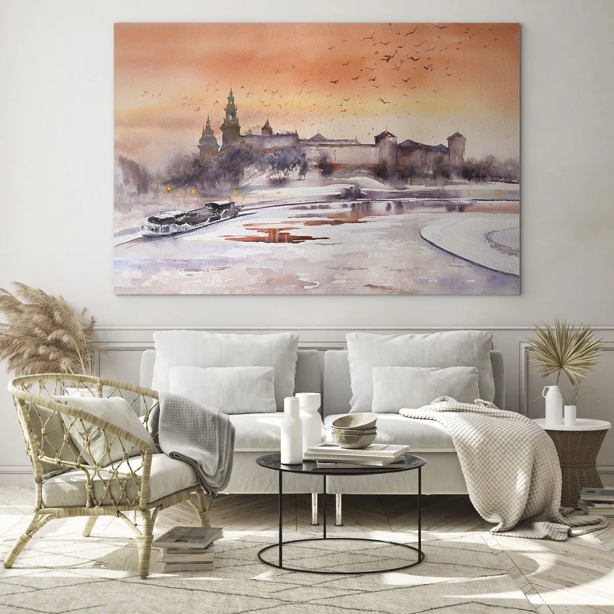 Schilderen op glas - Zonsondergang boven het koninklijk kasteel en de rivier in de winter - 70x50cm - Koninklijke zonsondergang - Moderne wanddecoratie voor woonkamer en slaapkamer ARTTOR