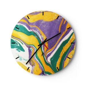 Wandklok - Klok - Abstracte patronen in tinten paars, geel en groen - 30x30cm - Kleur golven - Moderne wanddecoratie voor woonkamer, keuken en slaapkamer ARTTOR