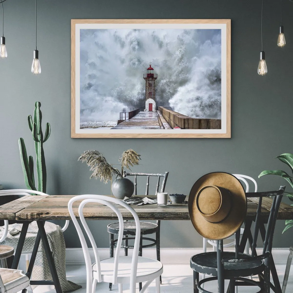 Een poster in een licht eiken lijst - Het gebrul van het water, het geluid zal blazen - 100x70 cm