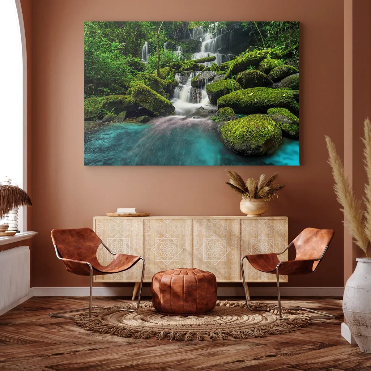 Schilderen op canvas - Een tropische waterval omgeven door groen en turquoise water - 70x50cm - Turkoois, saffieren en vloeibaar zilver - Moderne wanddecoratie voor woonkamer en slaapkamer ARTTOR