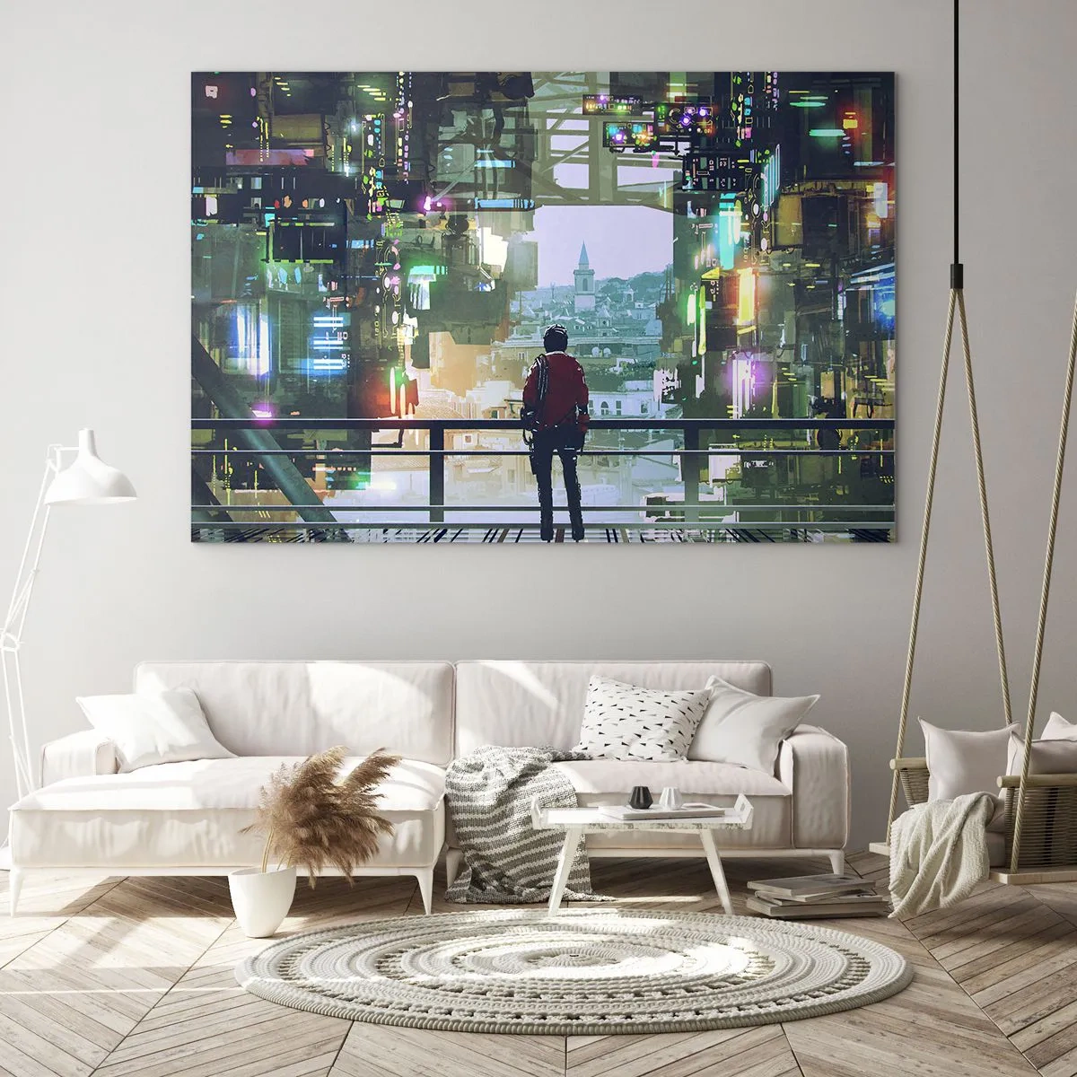 Schilderen op glas - Een figuur tegen de achtergrond van een futuristische stad met uitzicht op de oude stad - 70x50cm - Twee werelden - Moderne wanddecoratie voor woonkamer en slaapkamer ARTTOR