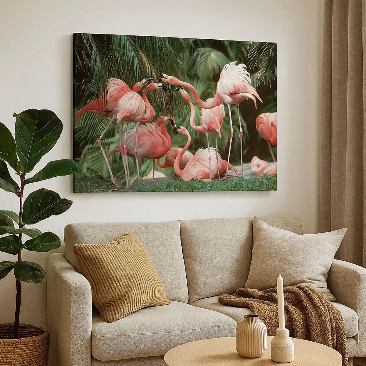 Schilderen op canvas - Een groep flamingo's in een tropische omgeving, omringd door palmbomen - 70x50cm - Middag roddels - Moderne wanddecoratie voor woonkamer en slaapkamer ARTTOR