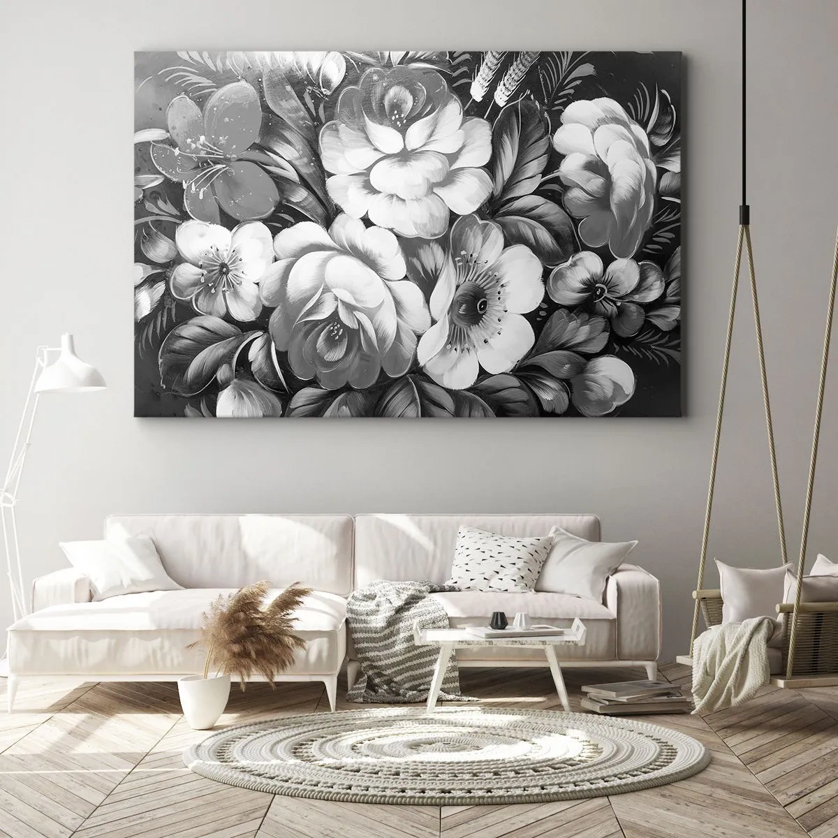 Schilderen op canvas - Zwart-witte bloemen in een klassieke en elegante compositie - 70x50cm - Zelfs in grijs mooi - Moderne wanddecoratie voor woonkamer en slaapkamer ARTTOR