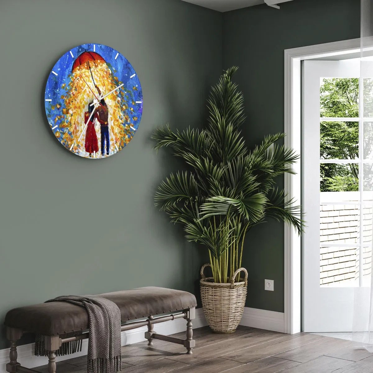 Wandklok - Klok - Een stel onder een rode paraplu in een lichtgevende regen van kleuren - 30x30cm - De magie van een regenachtige avond? - Moderne wanddecoratie voor woonkamer, keuken en slaapkamer ARTTOR