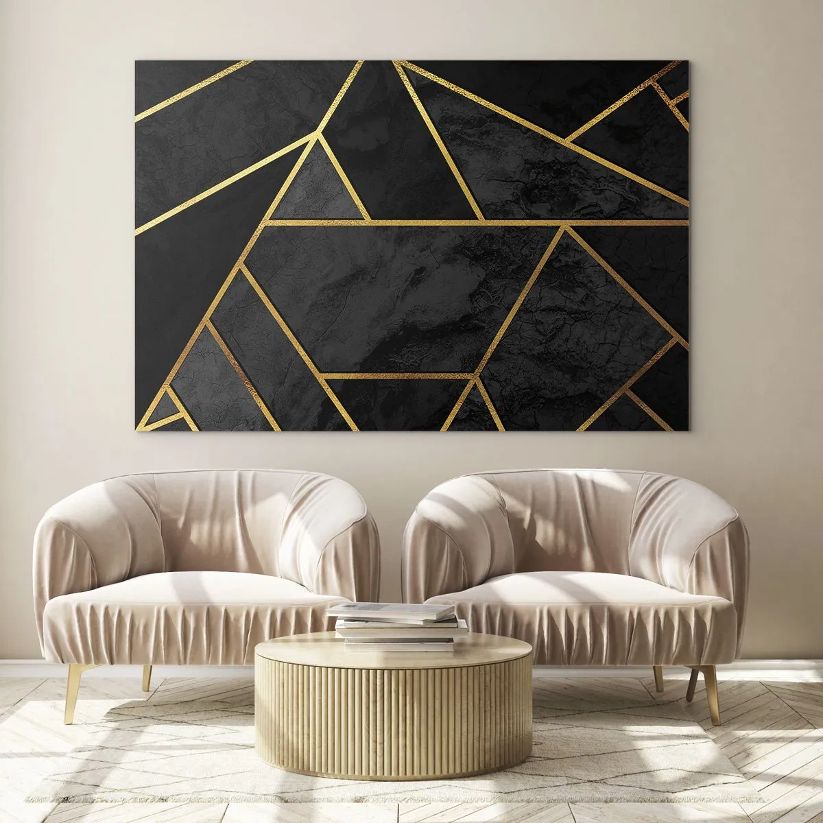Schilderen op glas - Zwarte en gouden geometrische compositie op een marmeren achtergrond - 70x50cm - Duisternis en glans - Moderne wanddecoratie voor woonkamer en slaapkamer ARTTOR