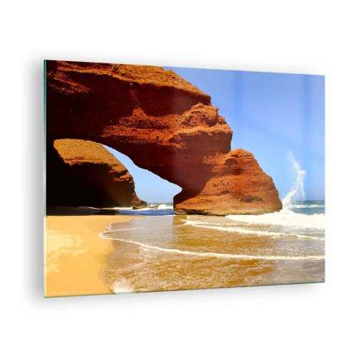 Schilderen op glas - Rode rotsen bogen over het strand en de oceaan - 70x50cm - Water en wind al duizen jaren - Moderne wanddecoratie voor woonkamer en slaapkamer ARTTOR