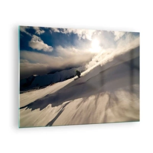 Schilderen op glas - Een skiër glijdt van een helling in het licht van de winterzon - 70x50cm - Berguitdaging genomen - Moderne wanddecoratie voor woonkamer en slaapkamer ARTTOR