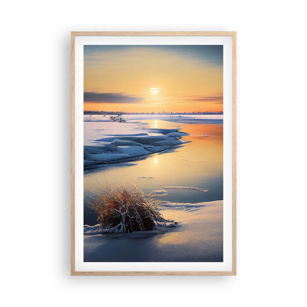 Een poster in een licht eiken lijst - Winterse zonsondergang - 61x91 cm