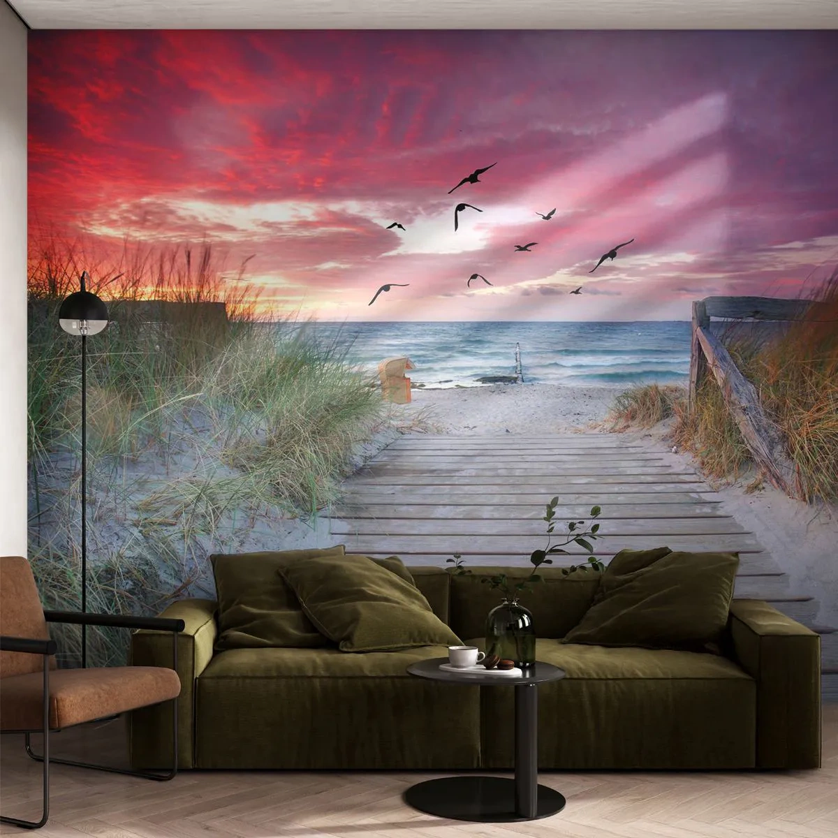 Fotobehang Premium Sand - Baltische indruk - Zee landschap, Strand, Vogels - 200x140 cm