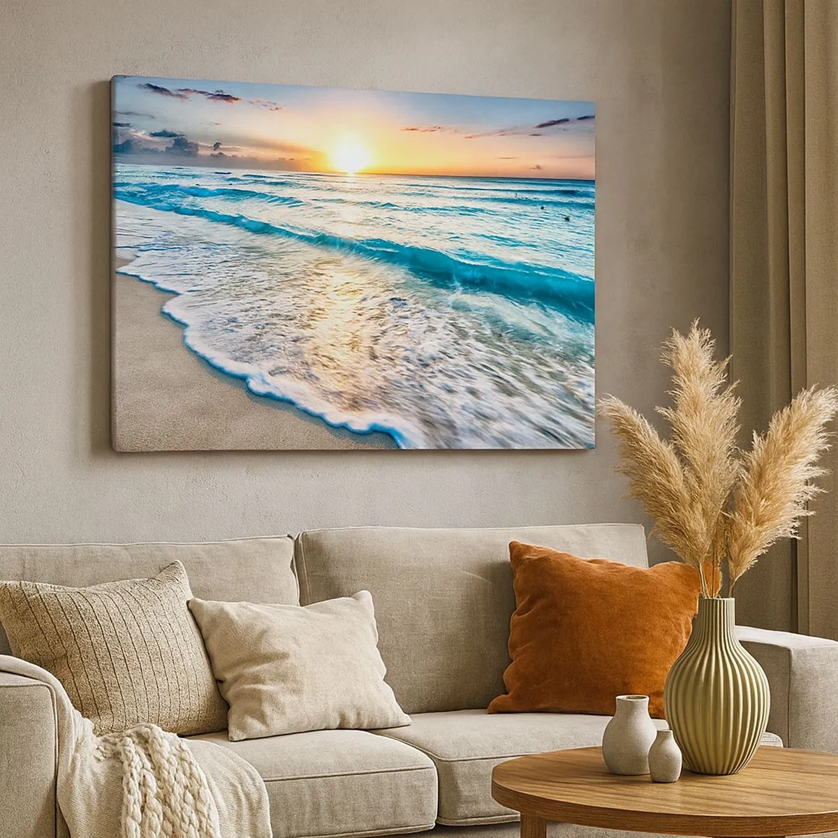 Schilderen op canvas - Zonsopgang boven een rustig strand met golven - 70x50cm - Een uitzicht dat de moeite waard is - Moderne wanddecoratie voor woonkamer en slaapkamer ARTTOR