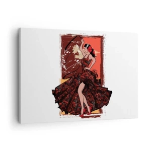 Schilderen op canvas - Een danseres in een rood-zwarte jurk tegen een artistieke achtergrond - 70x50cm - Op het ritme van het hart - Moderne wanddecoratie voor woonkamer en slaapkamer ARTTOR