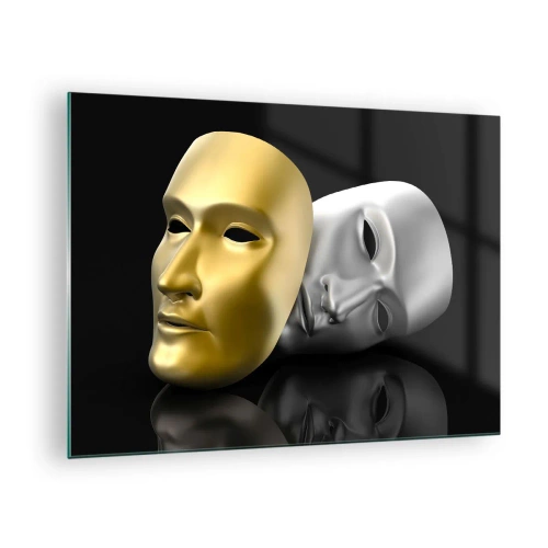 Schilderen op glas - Goud en zilveren masker op een zwarte achtergrond - 70x50cm - Het leven is theater - Moderne wanddecoratie voor woonkamer en slaapkamer ARTTOR