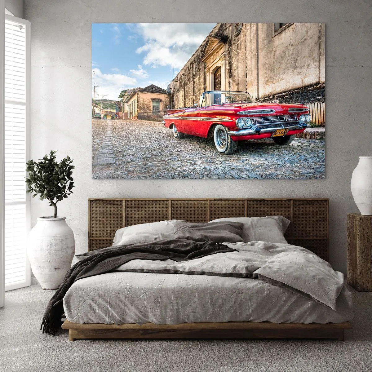 Schilderen op glas - Een klassieke rode cabriolet op een geplaveide straat in een retro-omgeving - 70x50cm - Cubaanse emoties - Moderne wanddecoratie voor woonkamer en slaapkamer ARTTOR