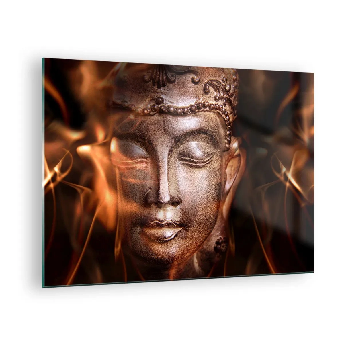 Schilderen op glas - Het wazige gezicht van de Boeddha in warme tinten goud en bruin - 70x50cm - Het bestaat alleen hier en nu - Moderne wanddecoratie voor woonkamer en slaapkamer ARTTOR