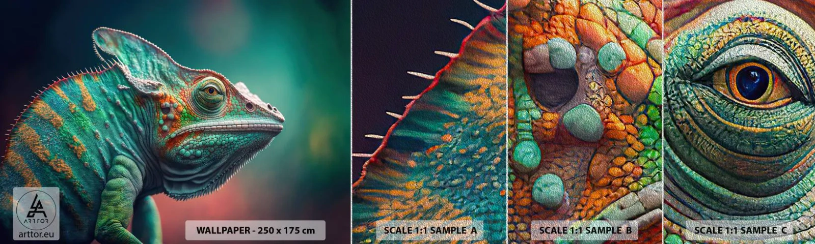 Fotobehang Monster Premium Sand - Jij ziet mij? Niet goed… - Kameleon, Dieren, Reptiel - 100x30 cm