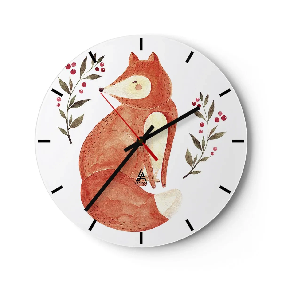 Wandklok - Klok - Illustratie van een rode vos omringd door takjes met bessen - 30x30cm - Kleine roodharige - Moderne wanddecoratie voor woonkamer, keuken en slaapkamer ARTTOR
