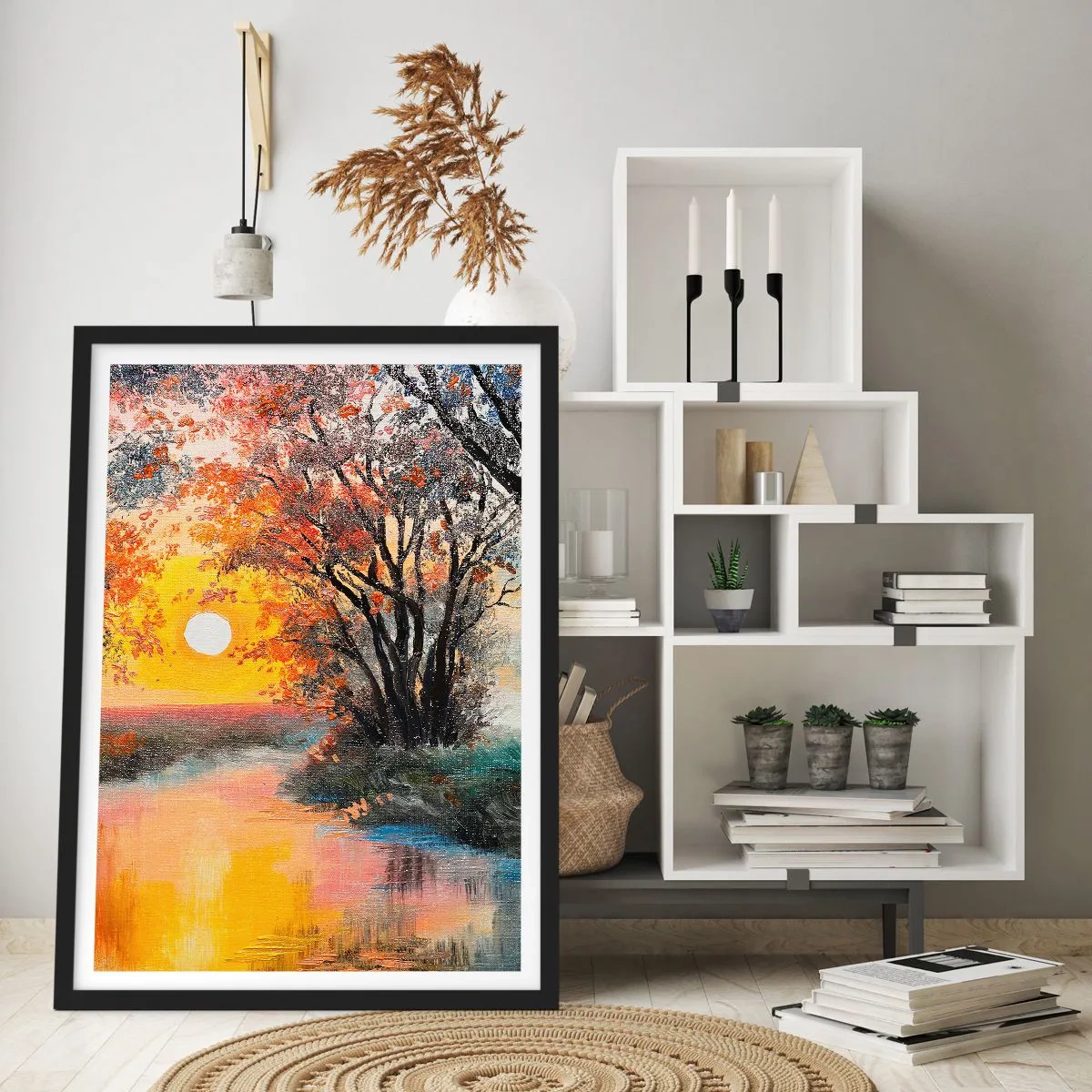 Poster in een zwarte lijst - Zonsondergang over een rivier met bomen - 50x70cm - Herfst vibes - Moderne wanddecoratie voor woonkamer en slaapkamer ARTTOR