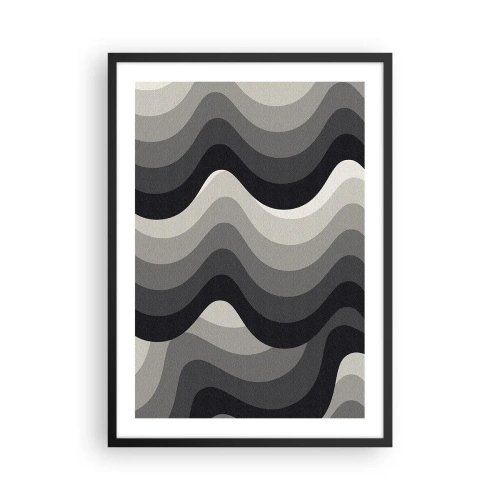 Poster in een zwarte lijst - Geometrische golven in tinten zwart en grijs - 50x70cm - Golf na golf - Moderne wanddecoratie voor woonkamer en slaapkamer ARTTOR