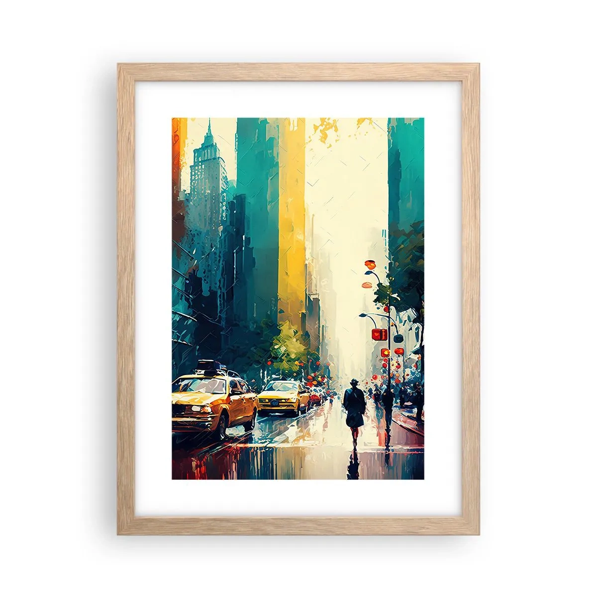 Een poster in een licht eiken lijst - New York – zelfs de regen is hier kleurrijk - 30x40 cm