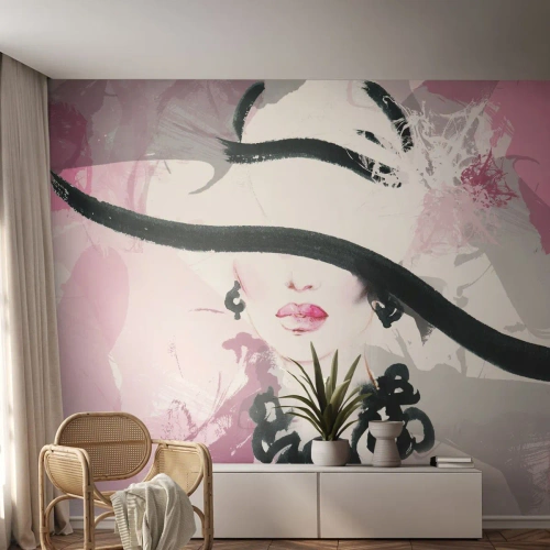 Fotobehang op maat Premium Sand - Portret van een dame in zwart en roze - Vrouw, Het gezicht van de vrouw, Abstractie