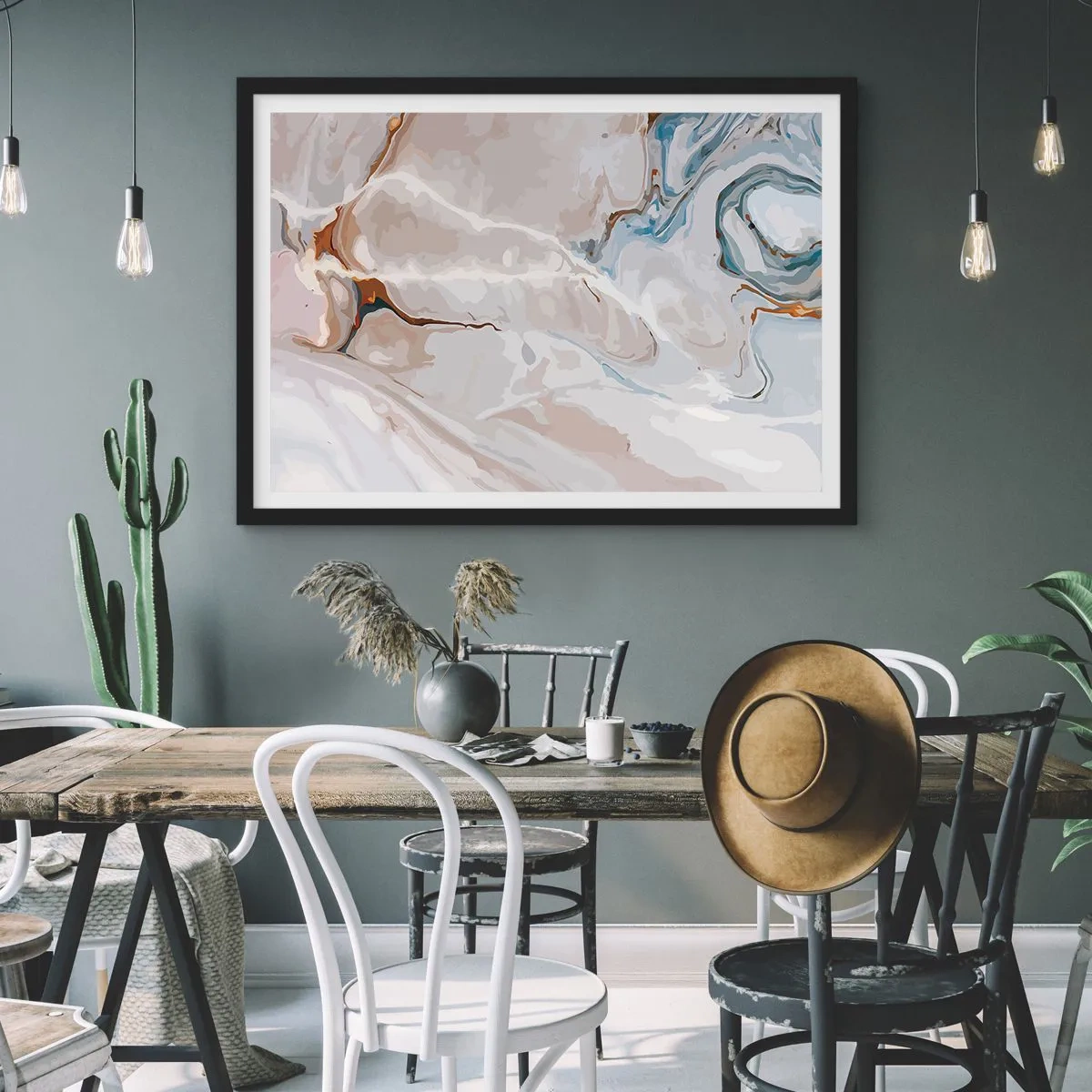 Poster in een zwarte lijst - Blauw kronkelt onder het wit - 100x70 cm