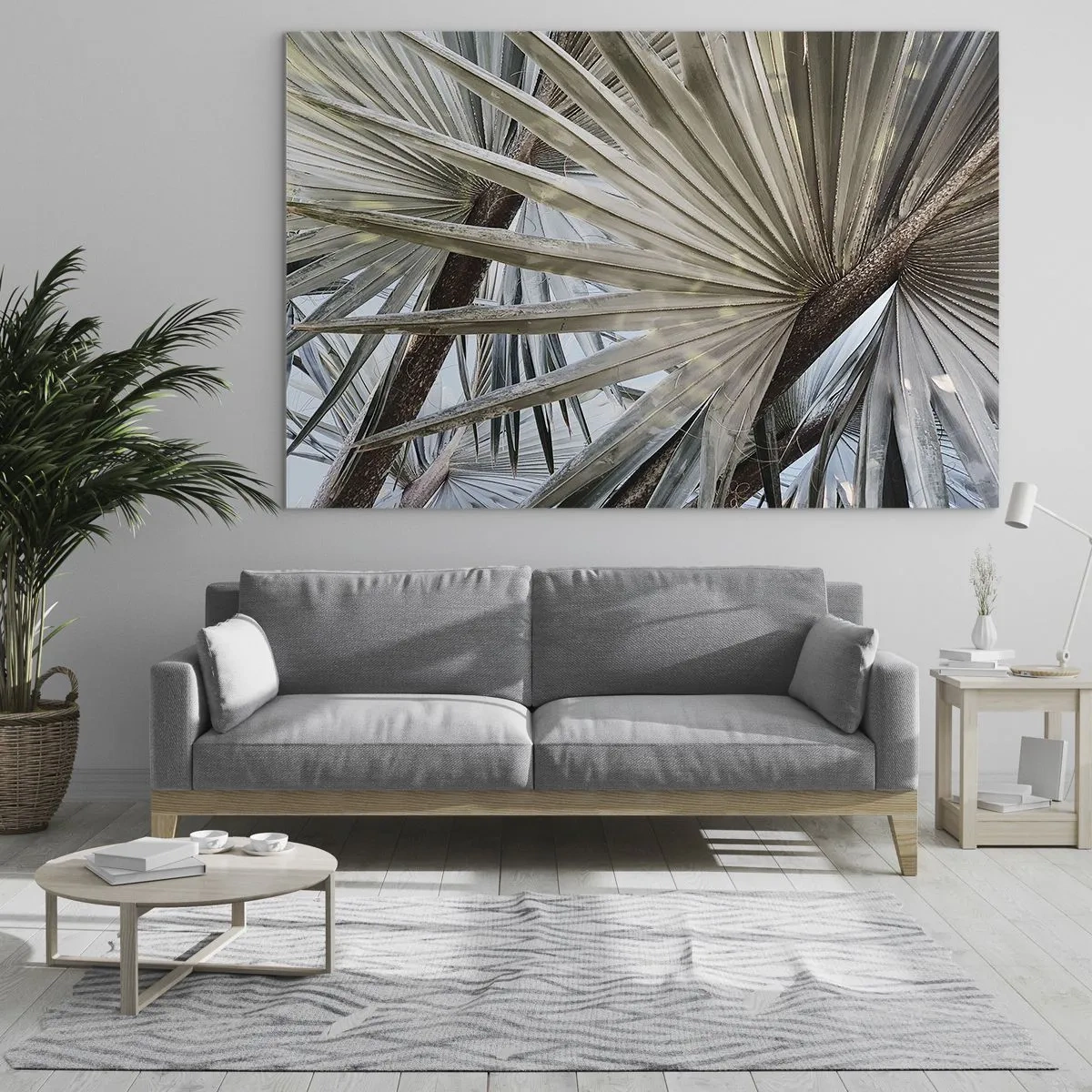 Schilderen op glas - Palmbladeren in helder daglicht - 70x50cm - Fans in de tropen - Moderne wanddecoratie voor woonkamer en slaapkamer ARTTOR