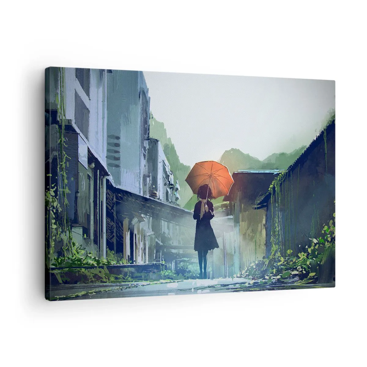 Schilderen op canvas - Een figuur met een paraplu in een regenachtige stad - 70x50cm - Verkwikkende regen - Moderne wanddecoratie voor woonkamer en slaapkamer ARTTOR
