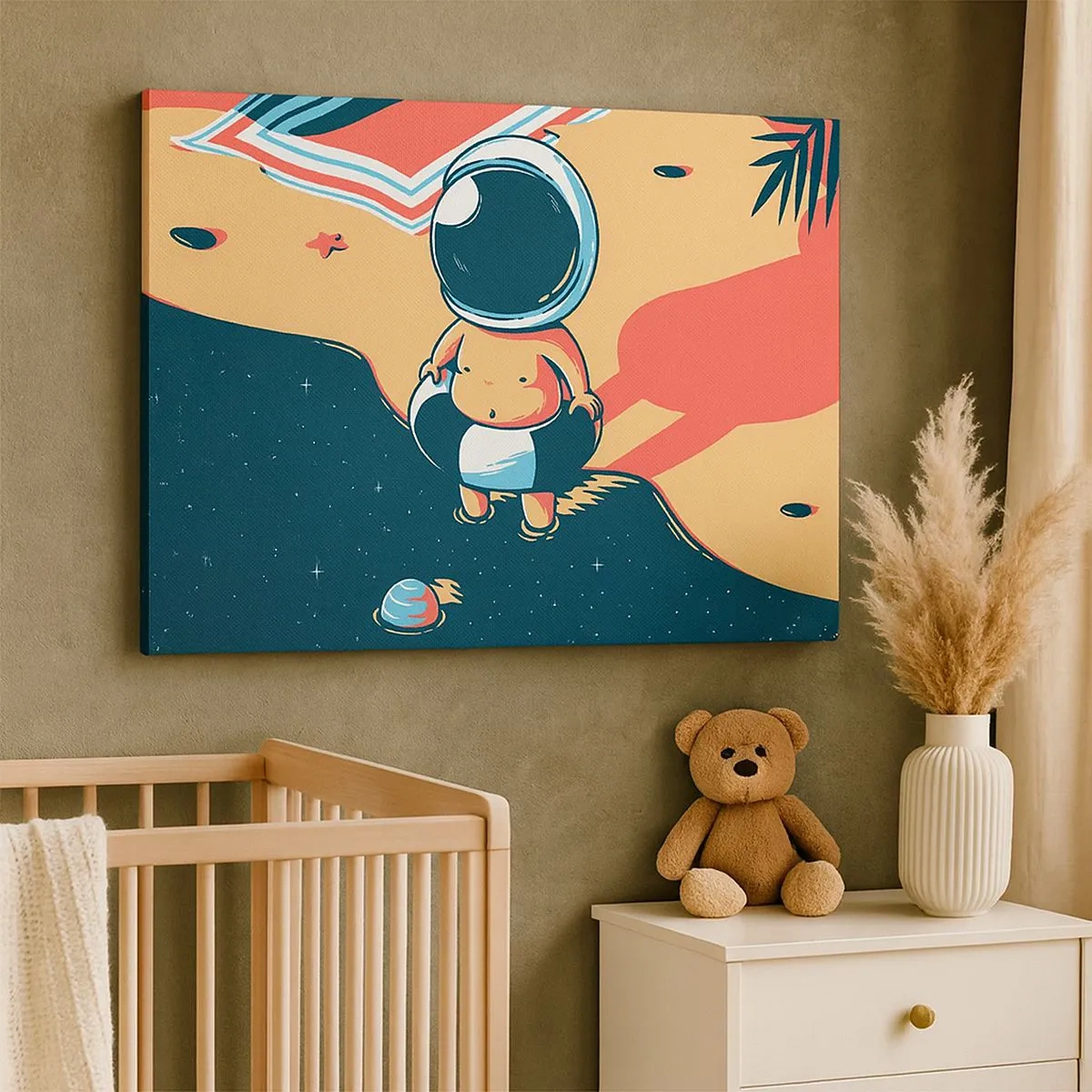 Schilderen op canvas - Grappige astronaut op het strand met ruimte-elementen op de achtergrond - 70x50cm - Vanuit een ander perspectief - Moderne wanddecoratie voor woonkamer en slaapkamer ARTTOR