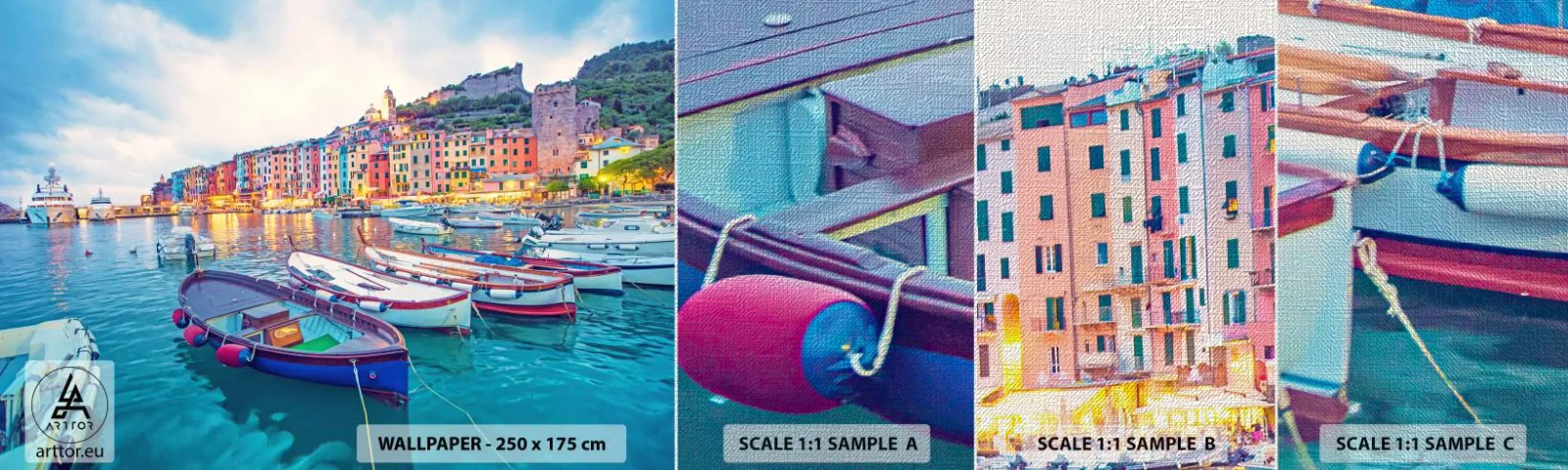 Fotobehang Monster Premium Canvas - Kleurrijke avond in de haven - Havenstad, Architectuur, Landschap - 100x30 cm