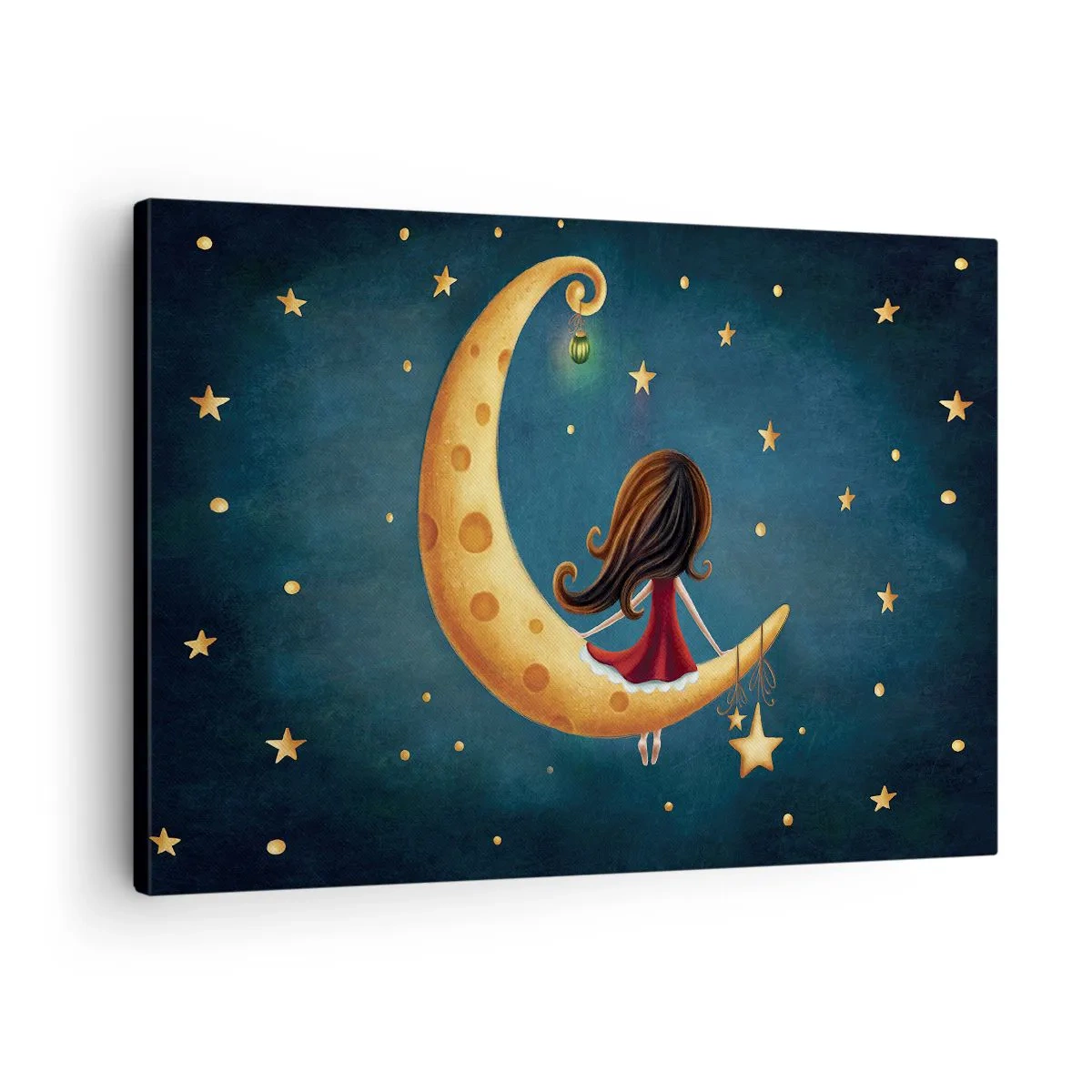Schilderen op canvas - Een meisje op de maan omringd door sterren - 70x50cm - Een keer… - Moderne wanddecoratie voor woonkamer en slaapkamer ARTTOR