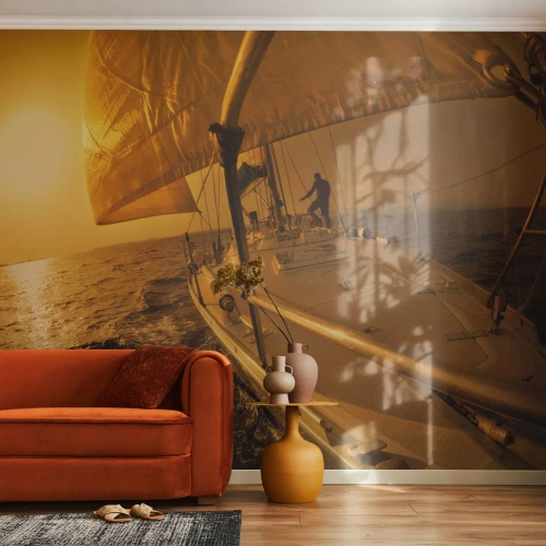 Fotobehang Premium Canvas - Een gouden avond na een kleurrijke dag - Maritieme studies, Zeilboot, Reizen - 500x350 cm