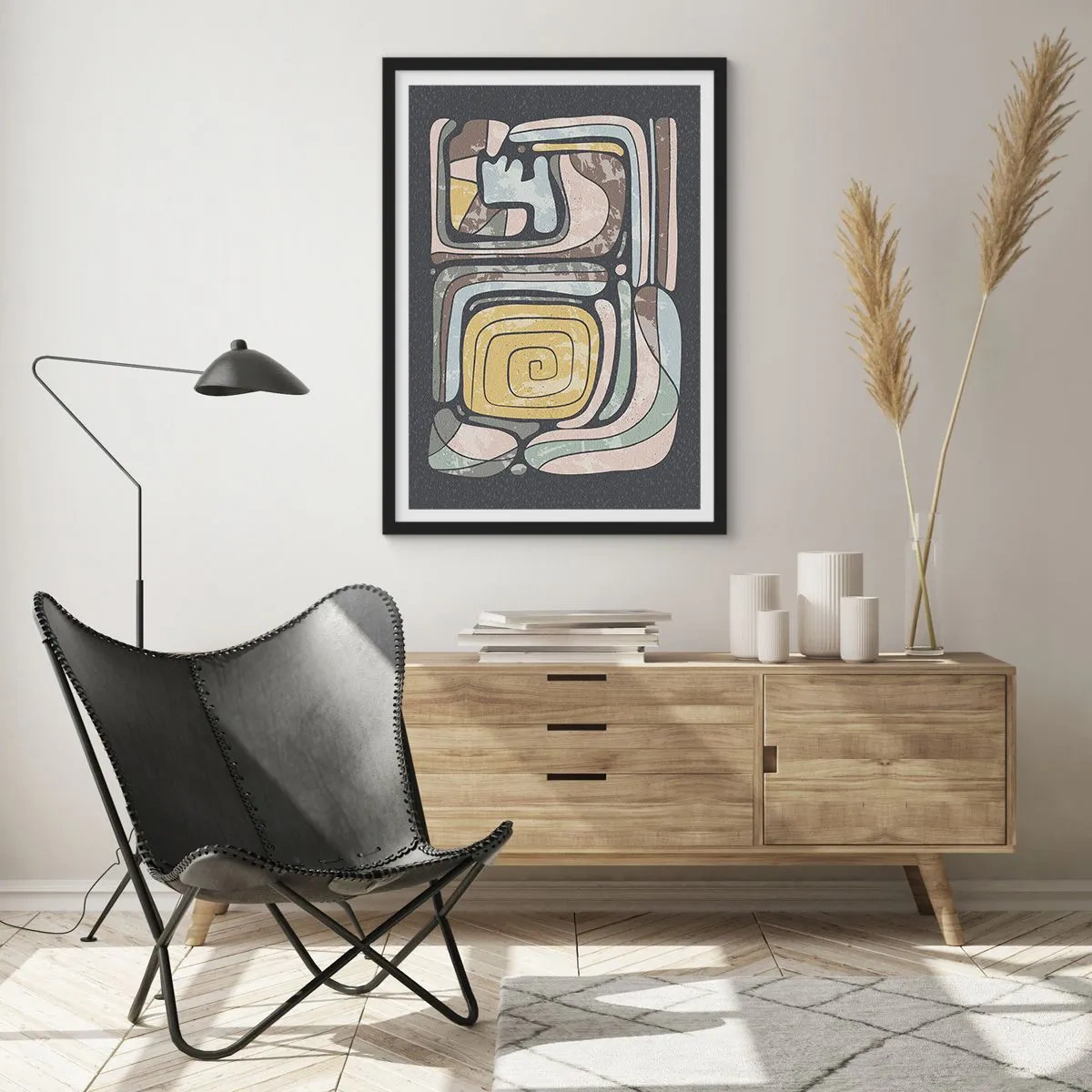 Poster in een zwarte lijst - Abstract kunstwerk met geometrische patronen in aardse tinten - 50x70cm - Abstractie in de precolumbiaanse geest - Moderne wanddecoratie voor woonkamer en slaapkamer ARTTOR