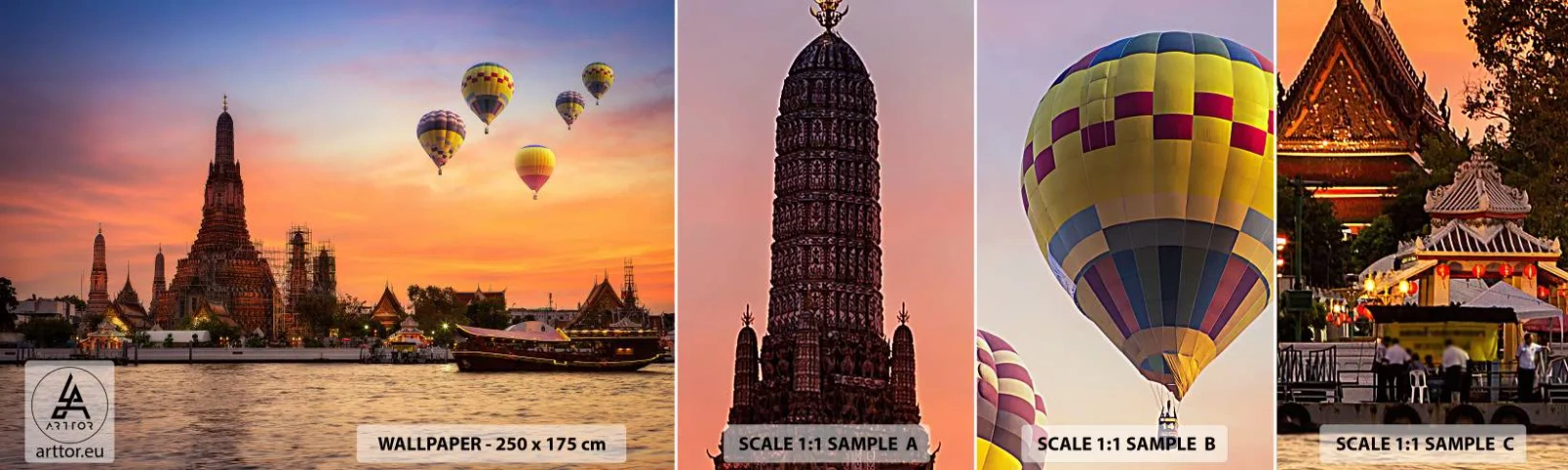 Fotobehang Monster Zelfklevend Deluxe Sticker - Hier worden sprookjes geboren - Bangkok, Tempel van de Dageraad, Thailand - 100x30 cm