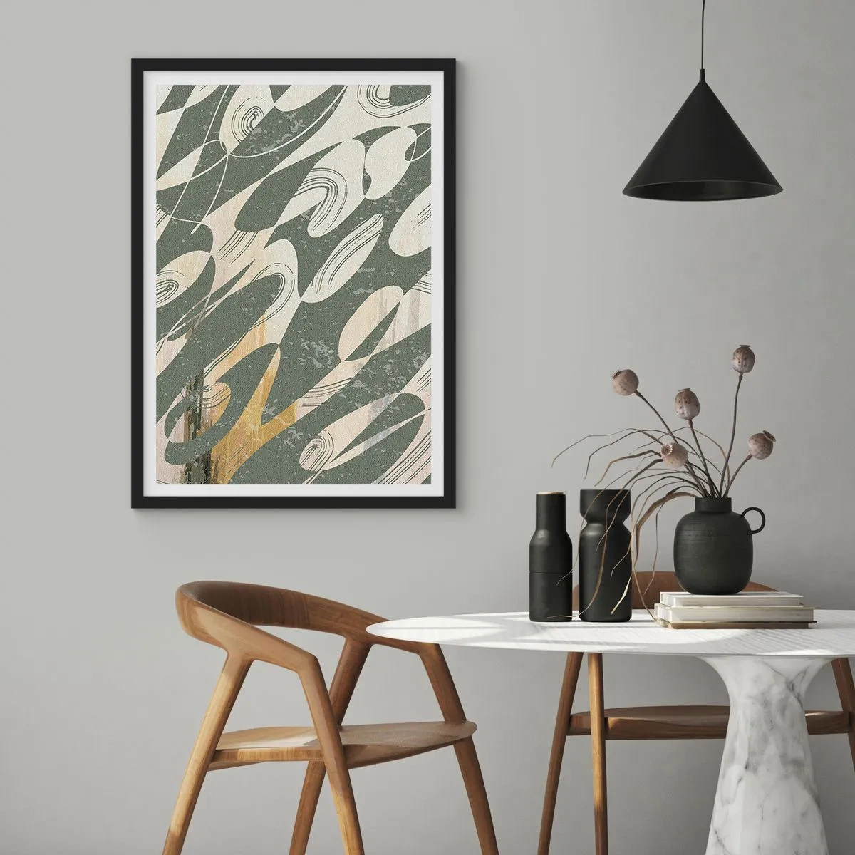 Poster in een zwarte lijst - Een abstracte compositie van organische vormen in groen en beige. - 50x70cm - Ritmische abstractie - Moderne wanddecoratie voor woonkamer en slaapkamer ARTTOR