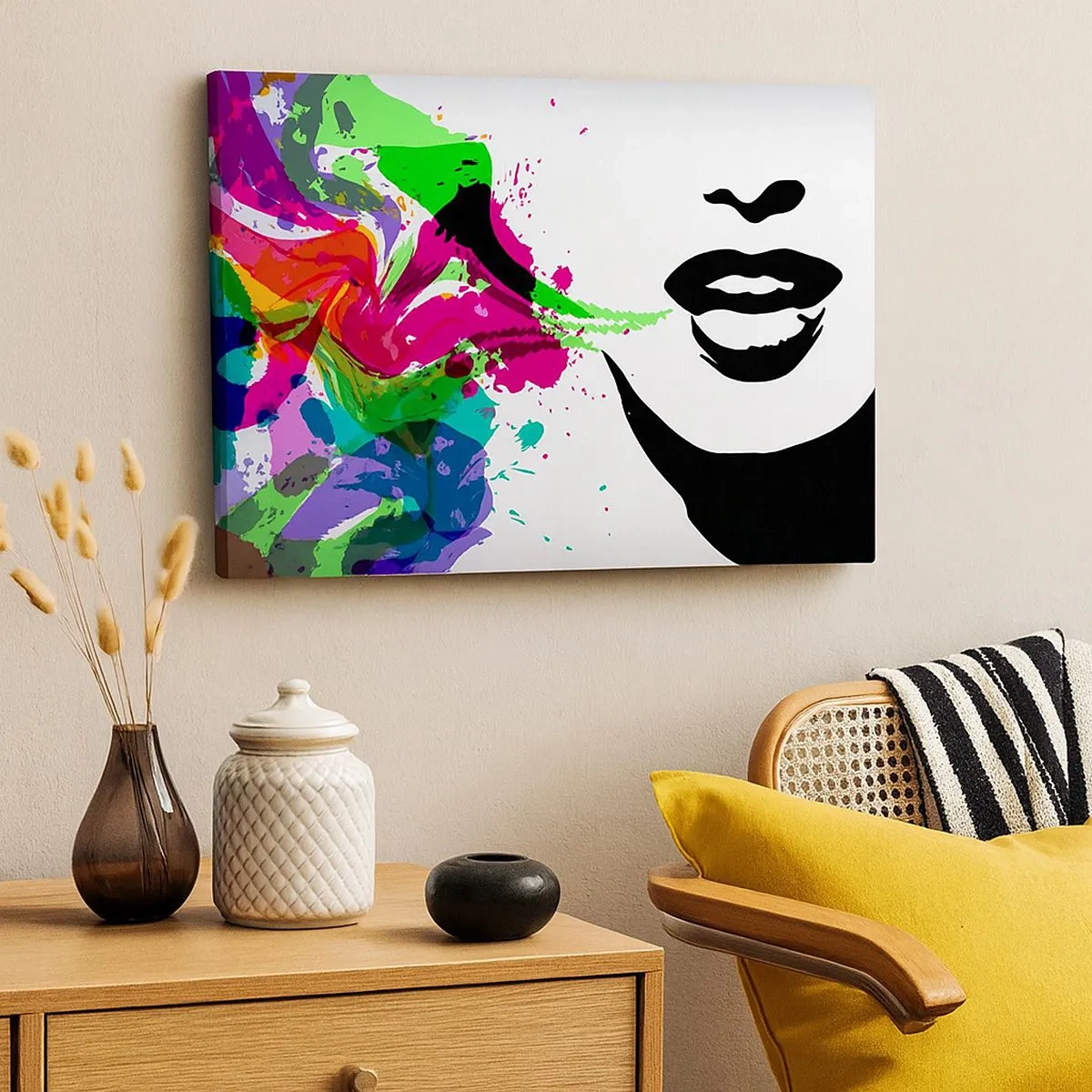 Schilderen op canvas - Kleurrijk abstract portret met dynamische vormen - 70x50cm - Een verhaal in de kleuren van de regenboog - Moderne wanddecoratie voor woonkamer en slaapkamer ARTTOR