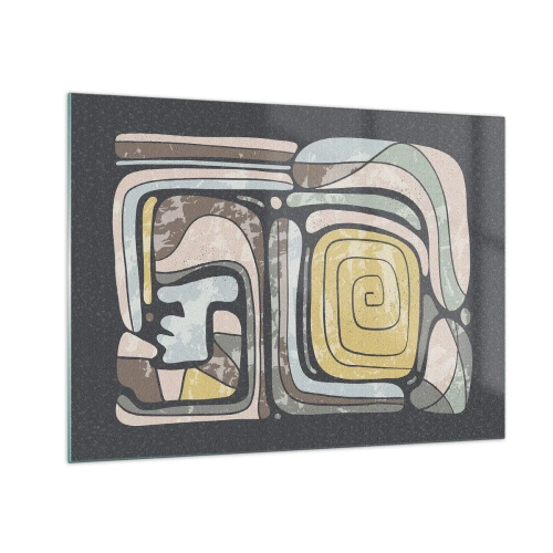Schilderen op glas - Geometrische abstractie in aardse tinten op een zwarte achtergrond - 70x50cm - Abstractie in de precolumbiaanse geest - Moderne wanddecoratie voor woonkamer en slaapkamer ARTTOR