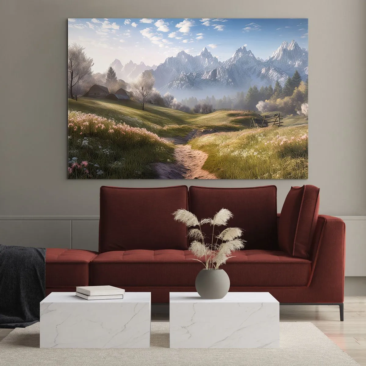 Schilderen op glas - Lentelandschap met een vallei, bloemen en bergen op de achtergrond in de ochtend - 70x50cm - Idyllische vallei - Moderne wanddecoratie voor woonkamer en slaapkamer ARTTOR