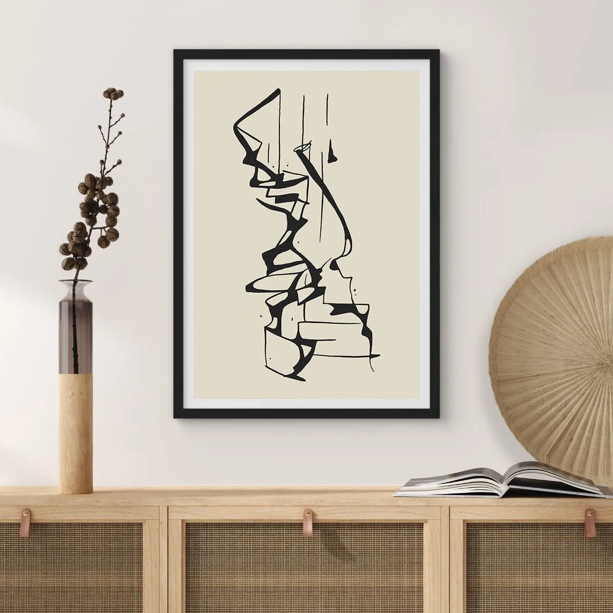 Poster in een zwarte lijst - Abstracte zwart-witcompositie van lijnen en vormen - 50x70cm - Misschien een landschap - Moderne wanddecoratie voor woonkamer en slaapkamer ARTTOR