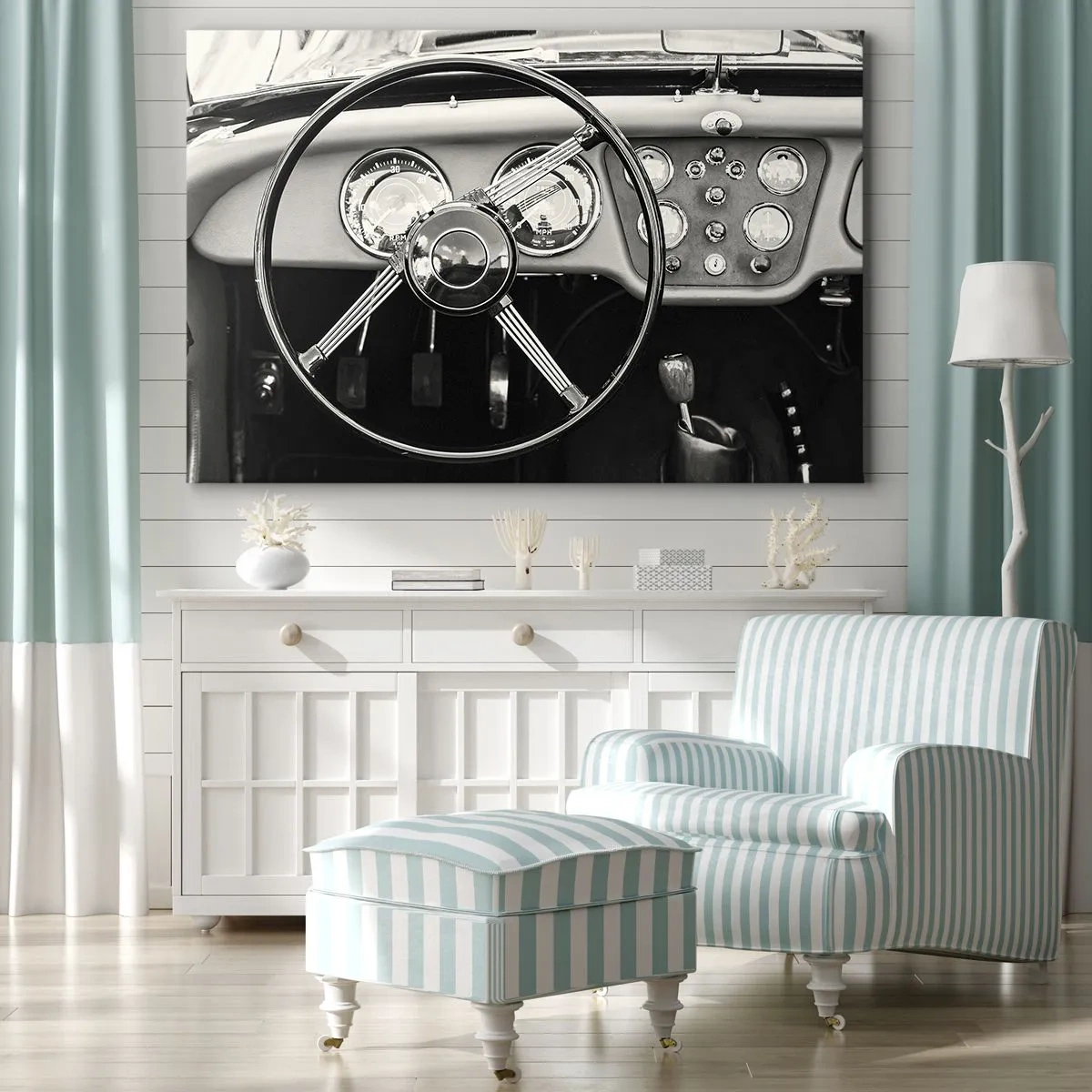 Schilderen op canvas - Zwart-wit klassiek auto-interieur - 70x50cm - De droom van een verzamelaar - Moderne wanddecoratie voor woonkamer en slaapkamer ARTTOR