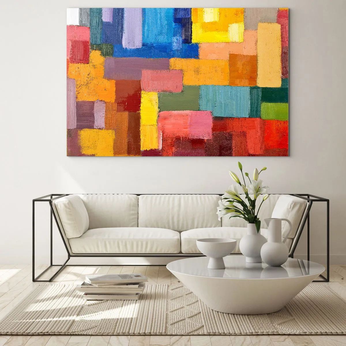 Schilderen op glas - Abstracte compositie van gekleurde rechthoeken - 70x50cm - Elk is anders, allemaal kleurrijk - Moderne wanddecoratie voor woonkamer en slaapkamer ARTTOR