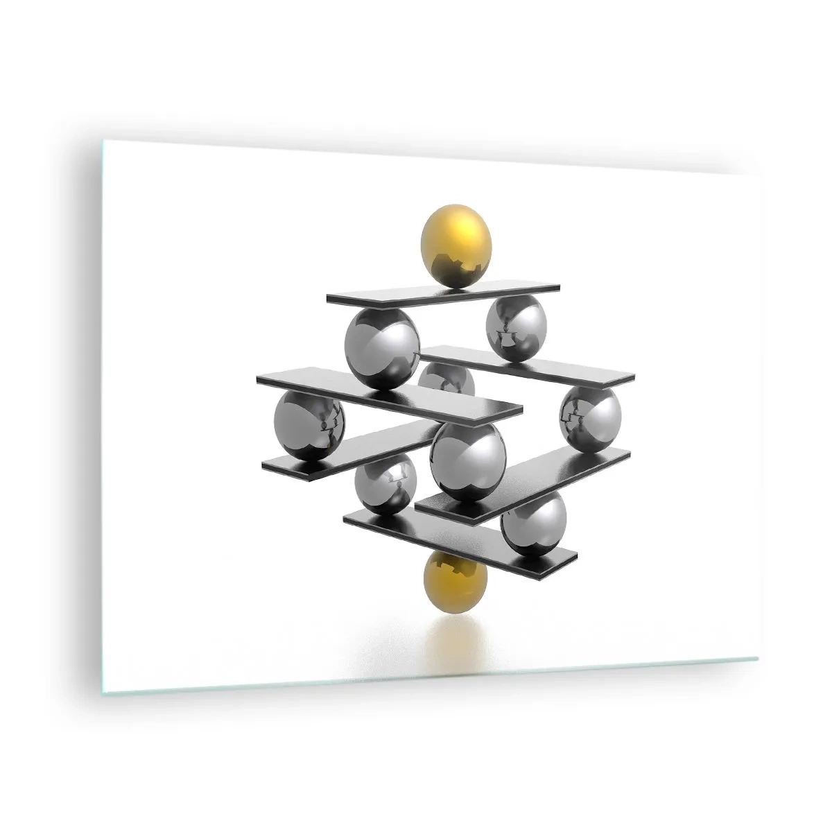 Schilderen op glas - Geometrische compositie met ballen en platforms op een witte achtergrond - 70x50cm - Goud-zilver balans - Moderne wanddecoratie voor woonkamer en slaapkamer ARTTOR