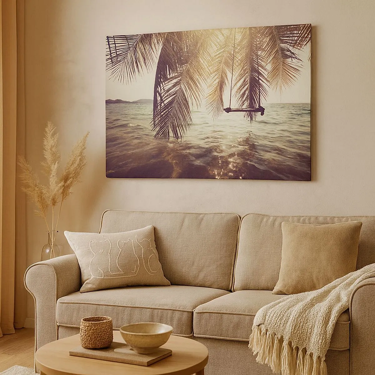 Schilderen op canvas - Palmboom met schommel boven het water in het zonlicht - 70x50cm - Je kunt naar believen in de wolken slingeren - Moderne wanddecoratie voor woonkamer en slaapkamer ARTTOR