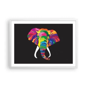 Poster in een witte lijst - De olifant die ervan hield om in de regenboog te baden - 70x50 cm